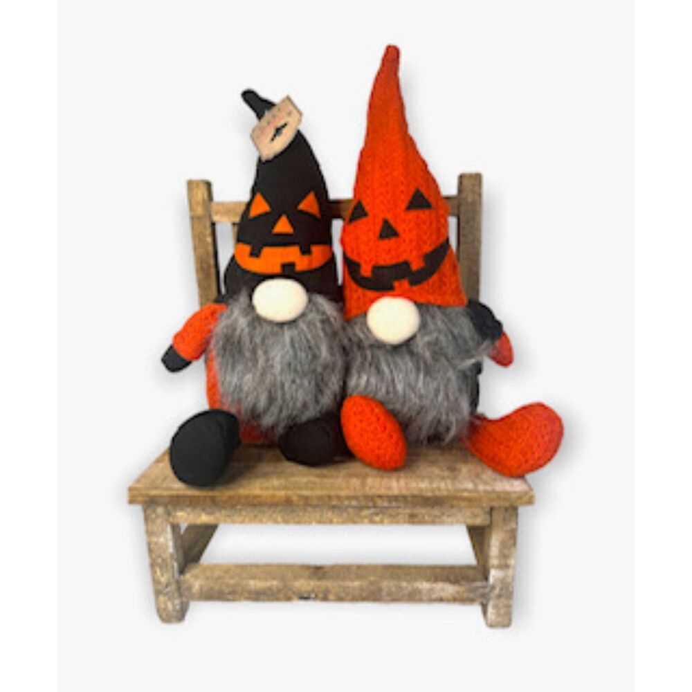 Halloween Jack O' Lantern Plush Weighted Gnome Couple w Wired Hats